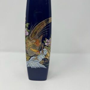 Tajimi Pottery Vase Cobalt Blue Porcelain Pheasants Flowers Birds Japan Vintage